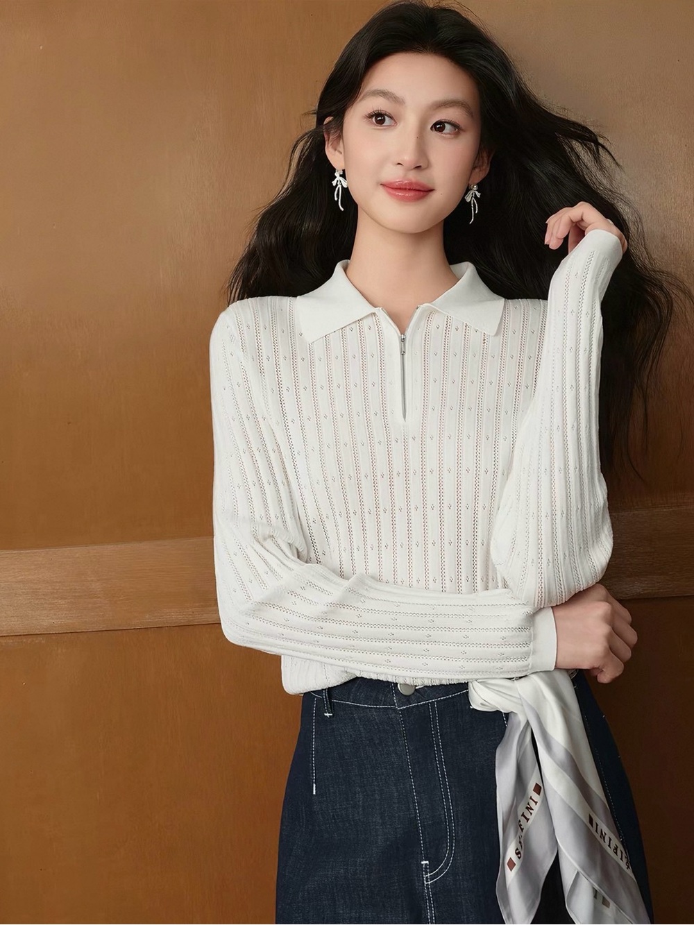 Seifini White Pointelle Knit Zip Polo Sweater Women L Lyocell Blend NWT